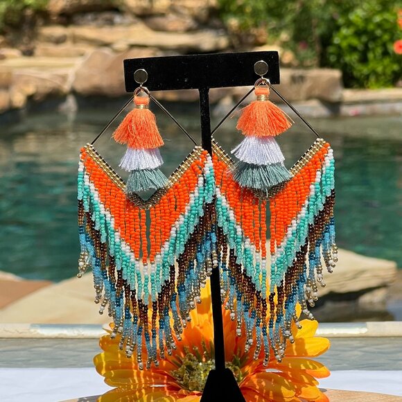 Handmade Beaded Long Tassel Fringe Dangle Drop Bohemian Post Diamond Earrings - Picture 6 of 8